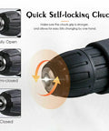 Close-up of the quick self-locking chuck of the Badass 18V Cordless Drill And Hammer Driver Set, showing open, semi-closed, and closed positions.