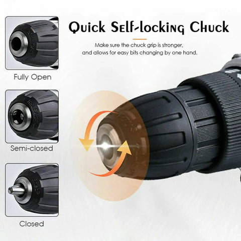 Close-up of the quick self-locking chuck of the Badass 18V Cordless Drill And Hammer Driver Set, showing open, semi-closed, and closed positions.