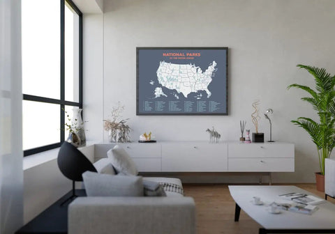 National Parks Map Poster With All 63 U S Parks Updated Edition 24 By 17 Heavyweight Cardstock Travel Wall Art in modern living room.