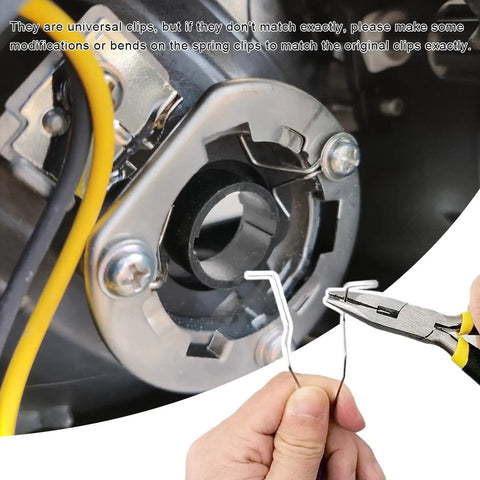 9-Piece Bulb Retaining Spring Clips For H1 H3 H4 H7 Headlights installation with pliers and car headlight socket