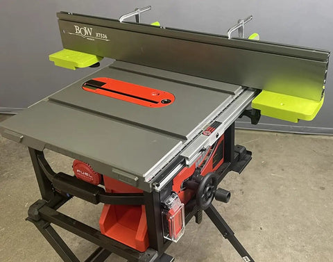 Versatile 36-Inch XT XTENDER Table Saw Fence System side view with 5-inch tall design, three T-slots, mounted on portable table