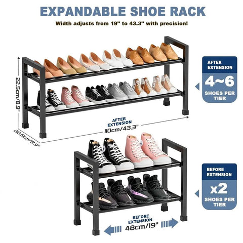 Expandable 2 Tier Shoe Rack grows from 19 to 43.3 inches for closet hallway front door or garage tough steel space saving organizer