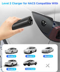 Tesla Level 2 EV Charger For Home, 40A Fast 9.6kW Charging Station With NACS plug shown near a Tesla port