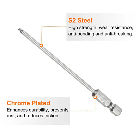 S2 steel 3 Piece Magnetic Ball End Hex Screwdriver Bit Set, 2mm H2.0 Ball End Bits, 1/4 Inch Hex Shank, 100mm Long, Chrome Plated
