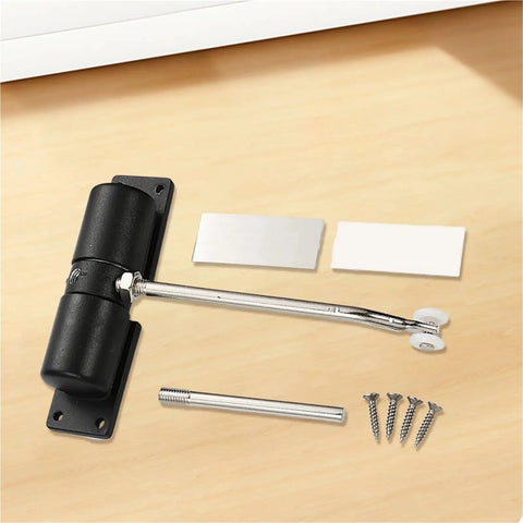 Heavy Duty Automatic Door Closer With Aluminum Alloy Body and Adjustable Closing Hinge displayed on a wooden surface.