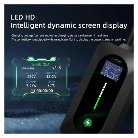 LED HD intelligent screen display showing charging status for Straight Up Reliable 7Kw Ev Charger With 10M Type 2 Cable Iec 62196 Standard.
