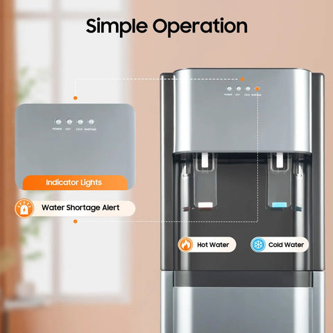 Bottom Loading Water Cooler Dispenser With Hot And Cold Spouts, simple operation panel, dark gray PP shell, home office use.