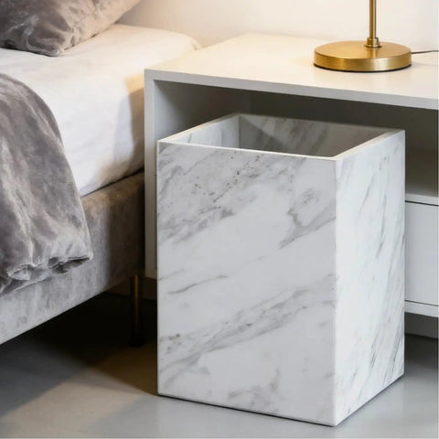 Lux Marble Wastebasket Real Stone Trash Can Rectangular Luxury Durable Bathroom Home Office Living Room Garbage Container Sleek White Marble Look Easy Clean Finish next to bed