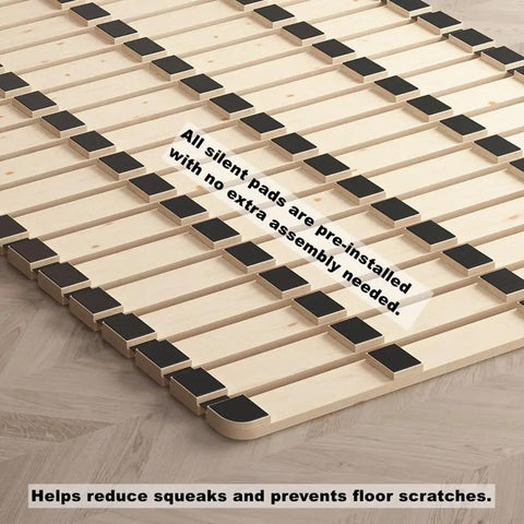 Close-up of breathable wooden slats on Durable Foldable Floor Bed Frame For Queen Size, showing pre-installed silent pads.