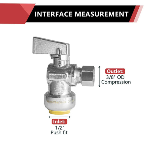 10-Pack Push Fit Stop Valve With 1/4 Turn Angle Shut Off, 1/2 In Push X 3/8 Inch Compression, Chrome Finish, Lead-Free