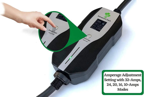 User adjusting Tesla Level 2 EV Charger 240V 32A And 40A Dual Rate NEMA 14-50 Home EVSE settings with hand interaction