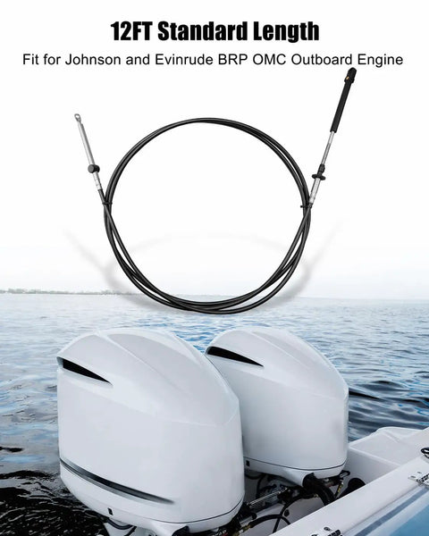 12Ft Throttle And Shift Remote Control Cable For Johnson Evinrude Outboard Motors Dual Pack Replacement shown with boat engines