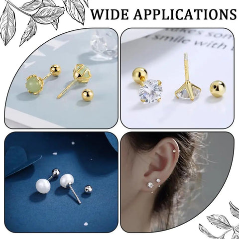 Golden 304 Stainless Steel Screw Ball Earring Backs Set, 50 Pieces In Five Sizes, showing different applications and uses on earrings.