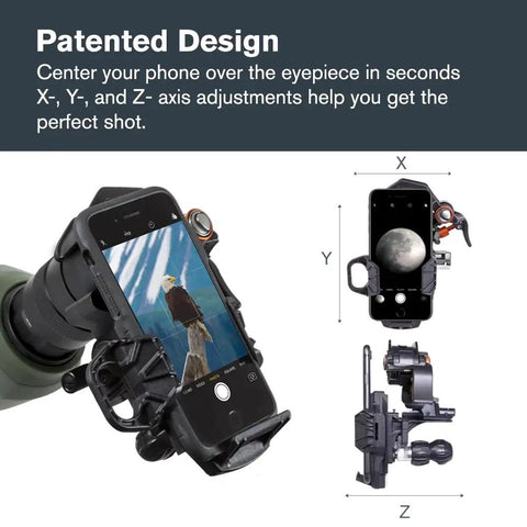 Diagram of NexYZ DX Universal Smartphone Adapter For Telescopes, Binoculars And Spotting Scopes, showing 3-axis alignment