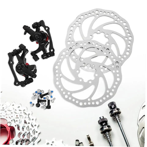 Complete Mechanical Disc Brake System For Mountain Bike Front And Rear With Forged Aluminum Calipers And Long Wear Pads, featuring calipers and rotors.