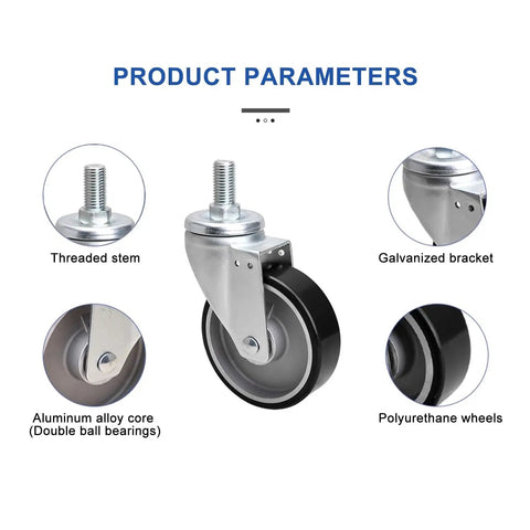Heavy Duty Swivel Caster Wheel Kit Built Tough With Solid Dual Lock Brakes And Rolls Like Butter For Shop Furniture Dollies And Garage DIY Utility Projects showing threaded stem, aluminum core, galvanized bracket, and polyurethane wheels.