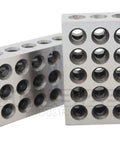Front and side view of two silver aluminum Accusize 1-2-3 precision blocks with threaded holes
