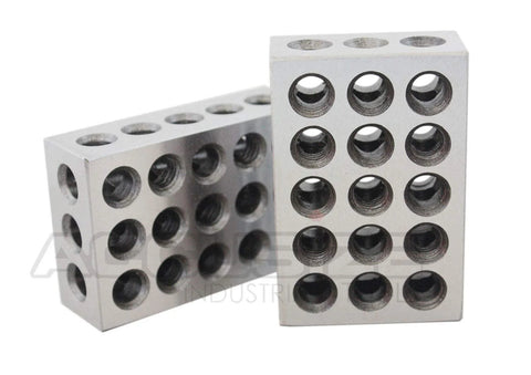 Front and side view of two silver aluminum Accusize 1-2-3 precision blocks with threaded holes