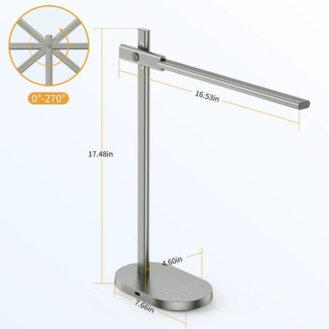 Modern Desk Lamp Metal Aluminum Alloy Dimmable LED Desk Light With USB Charging Port Eye Caring Table Lamp Touch Control Five Color Modes And Six Brightness Levels Timer For Home Office And Bedroom dimensions shown