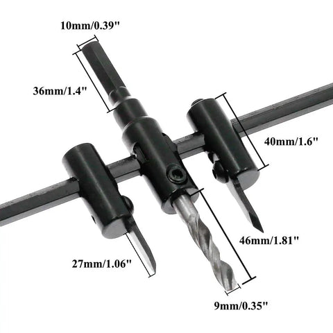 Adjustable Hole Saw Circle Cutter Kit from One and Three Sixteenths Inch up to Seven and Seven Eighths Inch with drill bit and hex wrench