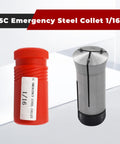 Rugged Shop Favorite 5C Emergency Tool Steel Collet 1/16 Inch shown in packaging and collet for lathe and CNC machine use.