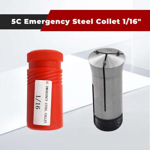 Rugged Shop Favorite 5C Emergency Tool Steel Collet 1/16 Inch shown in packaging and collet for lathe and CNC machine use.