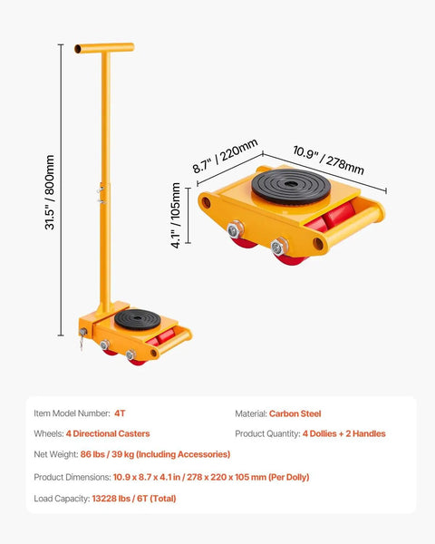 Heavy Duty 6-Ton Machinery Skate Dolly With 360-Degree Rotating Industrial Mover, 13228 Lbs Load Capacity, PU Rollers, Bright Yellow Workhorse For Easy, Secure Heavy Equipment Transport, carbon steel, 4 direction casters