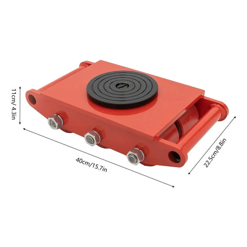 Heavy Duty Machinery Mover Dolly Skates With Six Heavy Duty Rollers 17600 Lbs Load Rating Yellow Industrial Cart Smooth No Sweat Moving red dolly skate with roller pad and dimensions.