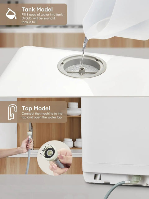 Easy Setup Countertop Dishwasher With Smart Delay Timer And Zero Plumbing Hookups Required Dishes Up Five Plus One Wash Cycles showing tank filling and tap connection.