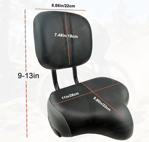 Oversized Bike Seat With Backrest For All Day Comfort Memory Foam Latex Padding Waterproof PU Cushion Universal Fit For Mountain Commuter Electric Bikes And Trikes, black, 11x8.66in