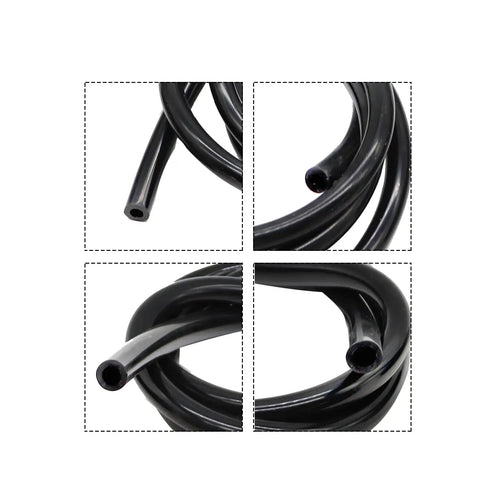 Upgrade Your Ride With Jecoupoon 5 Ft Silicone Vacuum Hose Kit, Features Four Common Sizes Including 5/32, 1/4, 5/16 And 3/8 Inch Tubing For Easy Engine Bay Routing, High Temp Heat Resistance, Flexibility That Lasts, Perfect For Auto Repair Shop Projects. Black silicone vacuum hose coils shown in four close-up views
