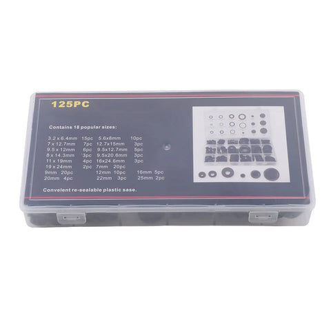 Display of 125 Piece Rubber Grommet Kit in 18 Sizes for electrical wiring, featuring size chart and storage case lid.