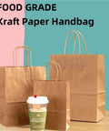 Heavy Duty Brown Kraft Paper Bags 60 Pack Thickened Kraft Bags Totes For Takeout Groceries Shopping And Gifts 21x14x27 Cm Grab And Go Durable Eco Friendly Carry All Bags displayed with coffee cup.