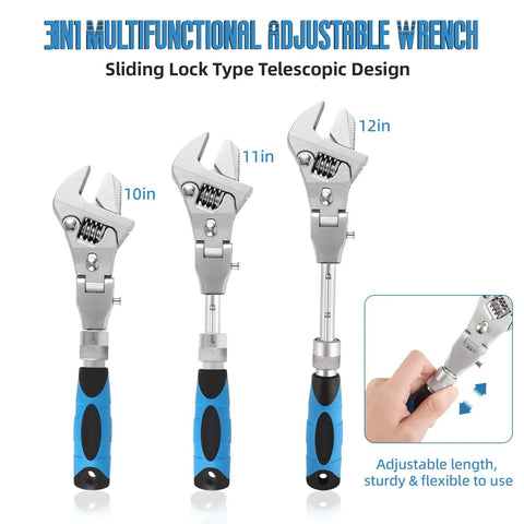 Beefy Retractable 10 To 12 Inch Adjustable Wrench With 180 Degree Rotating Head 3 In 1 Crescent Wrench shown length variations