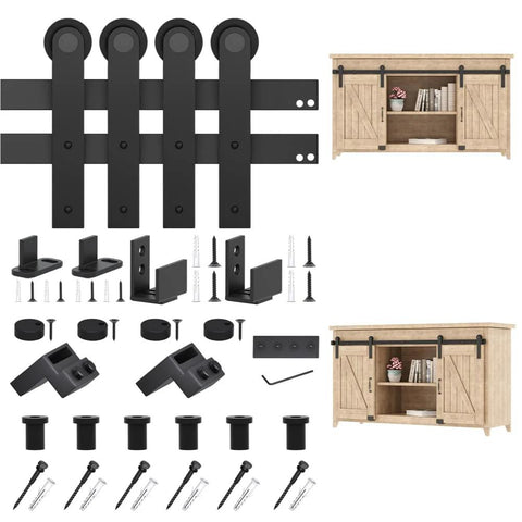 8Ft Small Sliding Barn Door Hardware Kit For Double Doors With Spliced Tracks And Floor Guides Suitable For Grooved Or Non Grooved Doors Ideal For TV Stands Cupboards Storage Cabinets Wardrobes I Shape Hanger No Cabinet, showing components, tracks, hangers, guides, cabinet example.