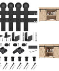 Compact 6 Foot Sliding Barn Door Hardware Kit For Double Doors And Small Cabinets with components and installed view