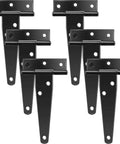 Image of 6 Pack 4 Inch Rustproof Stainless Steel T Shape Door Hinges in black finish, durable hardware for windows, fences, and barn doors.