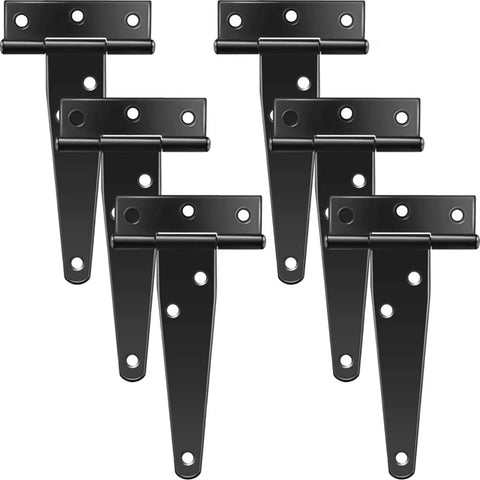 Image of 6 Pack 4 Inch Rustproof Stainless Steel T Shape Door Hinges in black finish, durable hardware for windows, fences, and barn doors.