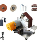 Professional Grade Mini Belt Sander Boasting A Sick Pure Copper Motor Versatile Electric Polisher with accessories, metal base and color detail.