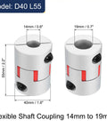 Flexible shaft coupling 14mm to 19mm aluminum motor connector, silver tone, for 3D printer CNC machine and servo stepper motor.