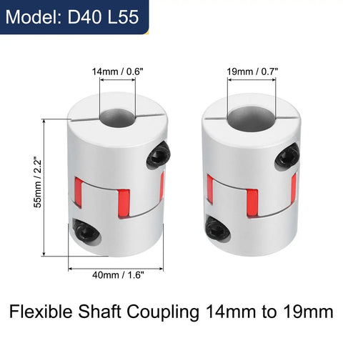 Flexible shaft coupling 14mm to 19mm aluminum motor connector, silver tone, for 3D printer CNC machine and servo stepper motor.