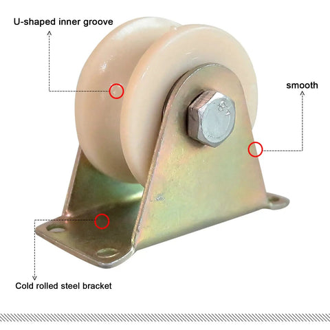 Beefed-Up Heavy Duty Nylon U-Groove Wheel Caster For Inverted Track And Sliding Doors, Smooth Silent Roller With Two Built-In Bearings, Perfect For Industrial Carts, Wire Rope Rails, Rolling Gates, And Gate Systems, 1.2 Inch Wheel. U-shaped nylon groove caster with cold rolled steel bracket