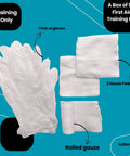 Image showing a box of 10 Basic First Aid Training Kits with large vinyl gloves, gauze roll, and gauze pads for safety training.