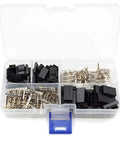 30 Sets RC Servo Connector Kit With Male And Female Crimp Pins, brass nickel plated, includes housings and protective covers in organizer box.