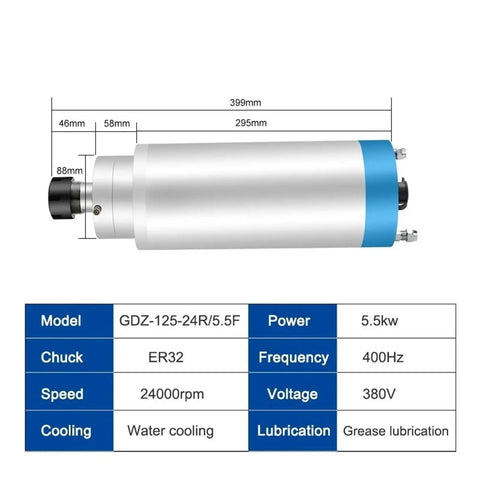 Diagram of 5.5kW Water Cooled ER20 CNC Spindle For 220V And 380V Systems, 125mm Shaft, 24,000 RPM specifications.