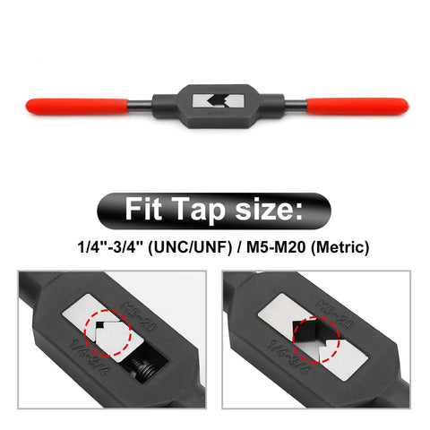 Adjustable Tap Wrench Handle One Quarter To Three Quarters Inch With M5 To M20 Thread Tap Holder visible with red handles