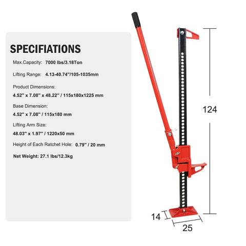 3 Ton Off Road Ratcheting Lift Jack 48 Inch Heavy Duty Utility Jack specifications and dimensions