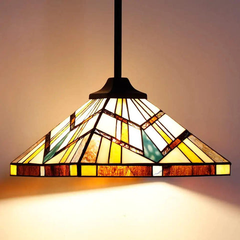 Tiffany Style Pendant Light 12 Inch Wide Amber Cream Stained Glass Shade With Adjustable Chain Hanging Lamp