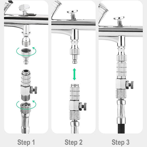 Airbrush Quick Disconnect Coupler With Release Valve Adapter, Includes Five Male Fittings, One Eighth Inch M To F