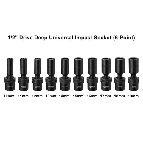 Ten Piece One Half Inch Drive Deep Universal Impact Socket Set Metric Ten Through Nineteen Millimeter With 360 Degree Flex Head